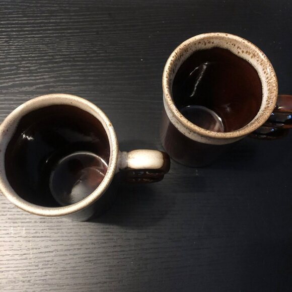 VTG Pair MCM Brown Drip Glaze Double Trigger Two Finger Handle Mugs Cups Japan - Picture 2 of 4